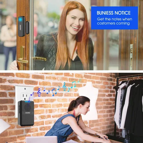 Vista 3 de STECHRO - Timbre de puerta inalámbrico, rango de 600 pies, 2 sensores magnéticos de alarma para puerta, 1 timbre de puerta, receptor con 62