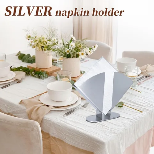 Vista 4 de Servilletero plateado – Servilleteros de acero inoxidable para mesas – Moderno soporte para servilletas de mesa de comedor para cocina, perfecto