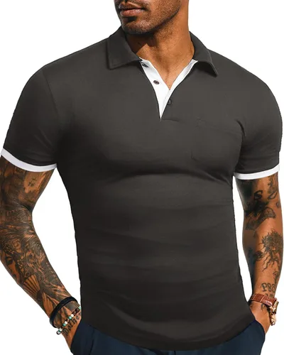 Vista 15 de KUYIGO Camisas de manga larga y corta estilo polo para hombre, estilo informal, ajustadas, diseño sólido, suave, con botones, de algodón, con A1