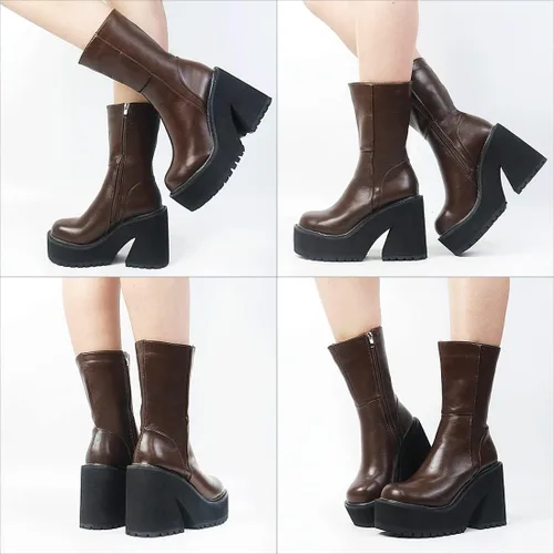 Vista 3 de Goiphrri Botas de tobillo de plataforma para mujer, tacón alto, punta redonda, botas de combate de trabajo, punk, botas de motocicleta, botas
