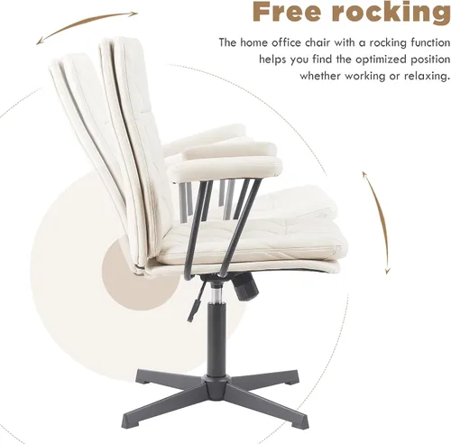 Vista 5 de Silla de escritorio sin ruedas, silla giratoria de oficina en casa con patas cruzadas Sillón de acento sólido blanco crema