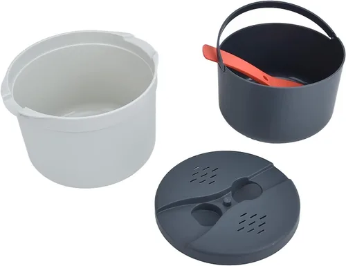 Vista 8 de Olla de arroz para microondas con vaporizador, olla para pasta para microondas con colador, juego de utensilios de cocina para microondas de 2 L