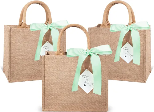 Vista 18 de Paquete de 6 bolsas de arpillera con asas reutilizables, mini bolsas de regalo de yute con cintas de seda azules, forro impermeable para bodas