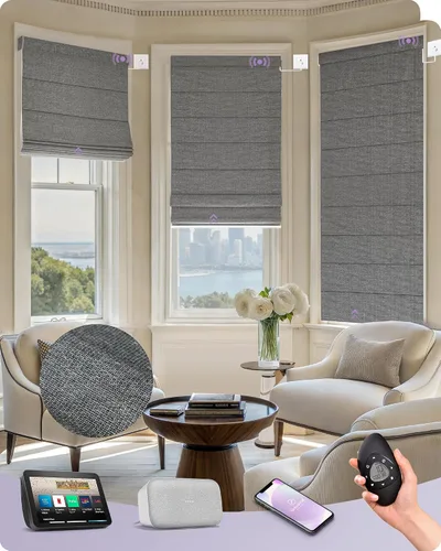 Vista 25 de Graywind Persianas romanas inteligentes compatibles con Alexa Google, persianas motorizadas recargables con control remoto de filtrado de luz
