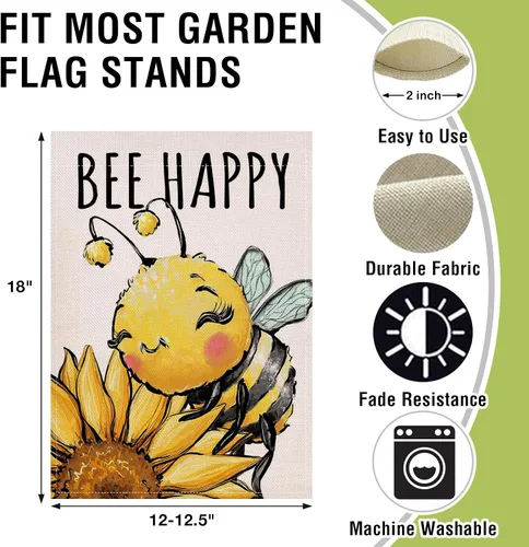 Vista 2 de Artofy Bandera decorativa pequeña para jardín de primavera y verano con diseño de abejorros y girasoles, flor feliz de abeja, decoración exterior