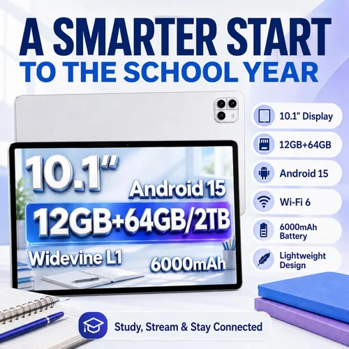 Vista 7 de Tablet 10.1 inch Android 15 Tablet: 12GB RAM 64GB ROM 2TB Expand