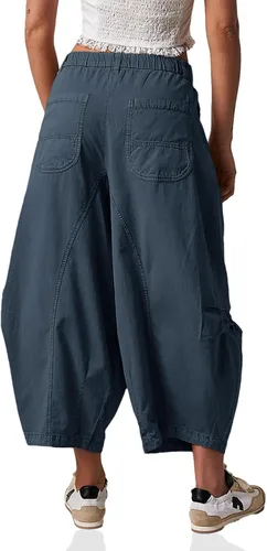 Vista 4 de Cicy Bell Pantalones cortos de pierna ancha para mujer, holgados, cintura elástica, fruncidos, pantalones chinos con bolsillos
