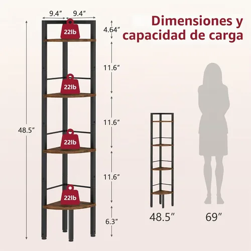 Vista 2 de Tajsoon Corner Shelf Stand 4 Tier 48.5" with Metal Frame, Rustic Brown Marrón rústico
