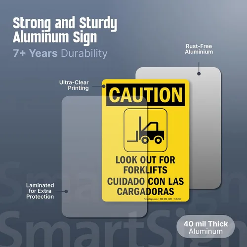 Vista 2 de SmartSign - S-8498-AL-14 Letrero bilingüe "Precaución - Cuidado con las carretillas elevadoras" Aluminio de 10" x 14