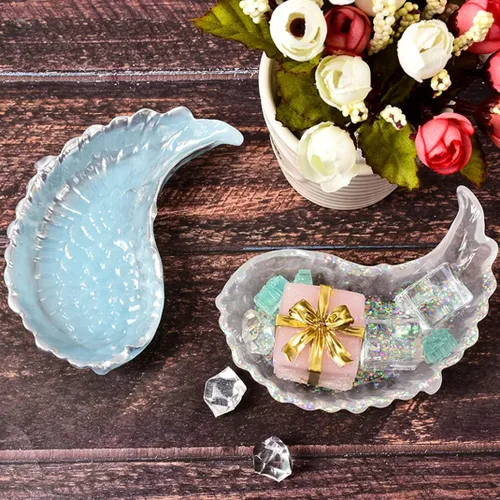 Vista 3 de iSuperb 2 moldes de resina para bandejas de alas, moldes de silicona con plumas de ángel, soporte para platos de almacenamiento de joyas, moldes