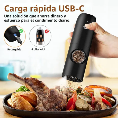 Vista 2 de Juego de molinillo eléctrico de sal y pimienta, molinillo de pimienta recargable automático con luz LED, grosor ajustable, saleros, operación