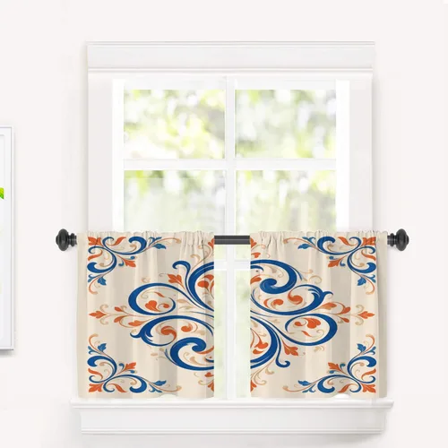 Vista 11 de Cortinas de cocina de hojas de arce otoñales para ventanas, hojas verdes y rojas sobre cenefas opacas negras, tratamientos de ventana de poliéster