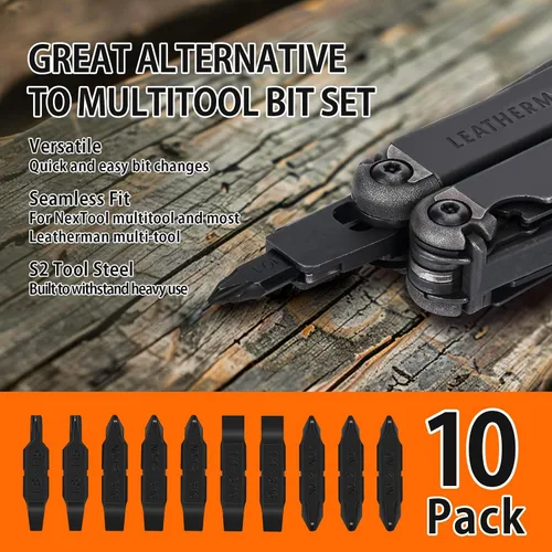 Vista 2 de NexTool Paquete de 10 puntas de destornillador de repuesto de doble punta para multiherramienta Leatherman, acero S2 duradero #1, #2 y #1-2 Phillips