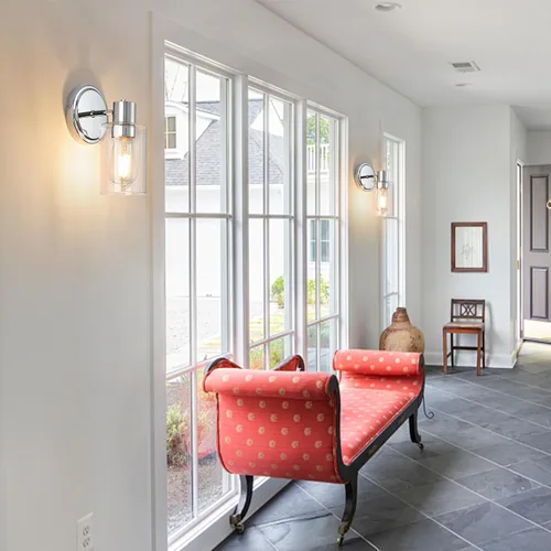 Vista 6 de Apliques de Pared de Baño de 2 Luces con Cristal Transparente, Luces de Pared de Baño Sobre Espejo, Luces de Tocador Cromadas con Base E26