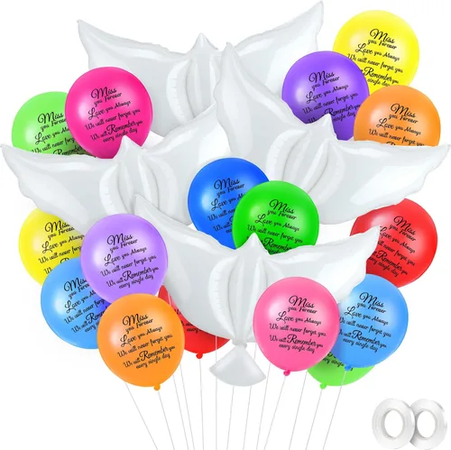 Vista 11 de Skylety 36 globos conmemorativos con 4 globos de paloma de la paz para liberar en recuerdo del cielo, decoraciones de helio para funerales, Negro