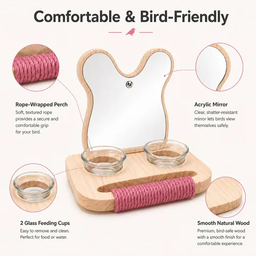 Vista 5 de Espejo de pájaro con perca y comedero, juguetes de madera para pájaros jaula de pájaros, accesorios para loros para gastar energía, juguetes