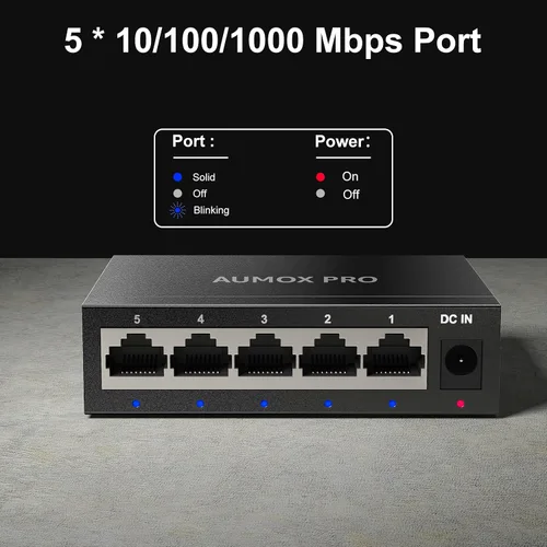 Vista 2 de Conmutador Ethernet Gigabit no administrado de 5 puertos, concentrador de red AUMOX PRO Home, divisor Ethernet de oficina, Plug-and-Play