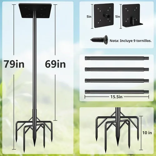 Vista 2 de Kit de poste para comedero de pájaros, poste de casa de pájaros de 79 pulgadas para exteriores resistente, 5 puntas de base ajustables, soporte