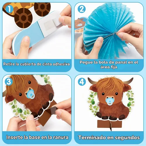 Vista 3 de 12 centros de mesa de nido de abeja de vaca de las tierras altas azules, decoración de mesa de ganado de las tierras altas, decoración de mesa