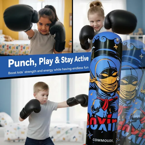 Vista 6 de COMMOUDS Saco de boxeo de 67 pulgadas para niños, juego de boxeo inflable con guantes, saco de boxeo de rebote rápido para practicar karate