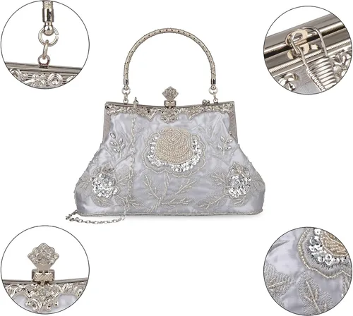 Vista 8 de BAGLAMOR Bolso de noche con lentejuelas de estilo vintage para mujer (plata)