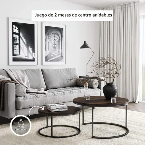 Vista 6 de Nathan James Stella - Juego de 2 mesas de café redondas y modernas, apilables, para sala de estar, con acabado de madera industrial y marco de metal