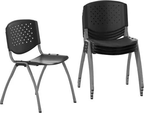 Vista 14 de Flash Furniture - Silla apilable de plástico negro de la serie HERCULES con capacidad de 880 lb. y marco recubierto en polvo de color gris titanio