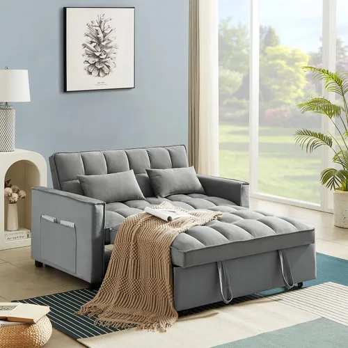 Vista 10 de JEEOHEY Sofá cama extraíble, sofá cama convertible moderno de terciopelo de 55 pulgadas, sofá cama pequeño con 2 almohadas y bolsillos laterales