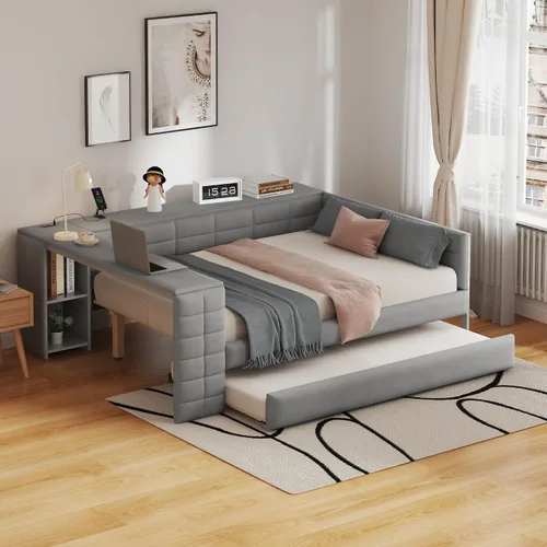 Vista 54 de VilroCaz Cama de sofá de tamaño individual de madera con estantes de almacenamiento y escritorio de estudio, estructura de cama de día Blanco