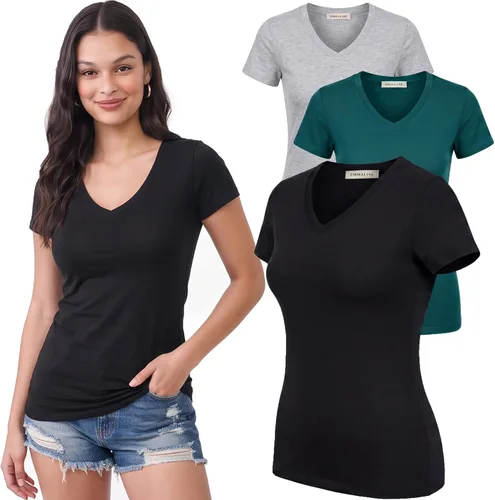 Vista 127 de Emmalise Camiseta de manga corta para mujer, cuello en V, tallas junior y plus