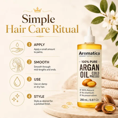 Vista 6 de Aromatico 100% Pure Argan Oil 7 fl oz – Lightweight, Non-Greasy Hair & Skin Oil for Smooth, Shiny Hair & Deep Moisture – Cold Pressed Multipurpose