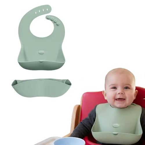 Vista 13 de Abiie Ruby Wrapp - Baberos de silicona para bebés, babero impermeable hecho con material resistente a las manchas, bolsillo frontal para atrapar
