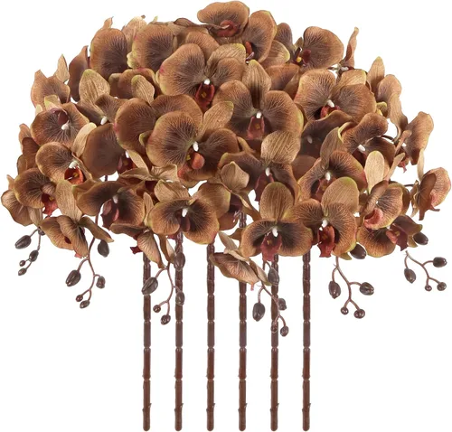 Vista 28 de Orquídeas artificiales de 38 pulgadas, 6 unidades, orquídeas falsas rosas, orquídeas de seda de terciopelo, flores artificiales de tallo largo