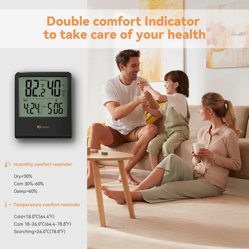 Vista 5 de Termómetro de interior, termómetro de habitación y higrómetro con reloj, medidor de temperatura y humedad con reloj, indicador doble de confort
