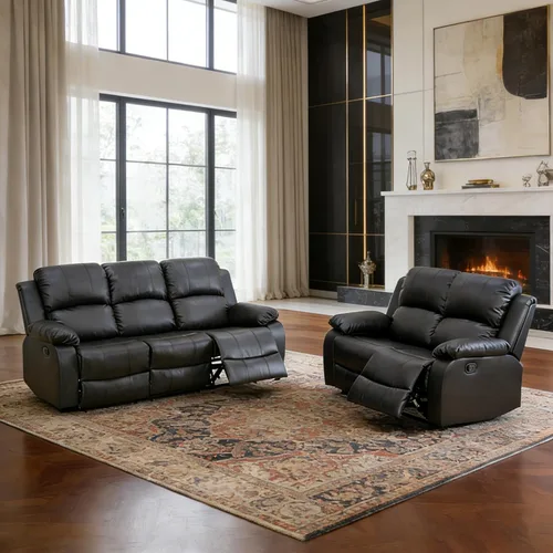 Vista 9 de Sofá reclinable de cuero, juego de muebles de sofá biplaza reclinable manual de 2 asientos, moderno sofá biplaza reclinable con reposabrazos
