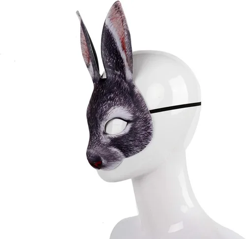 Vista 7 de 1 máscara de conejo de media cara, máscara de conejo de terror para Halloween, Pascua, disfraces, fiesta, accesorios de cosplay (negro)