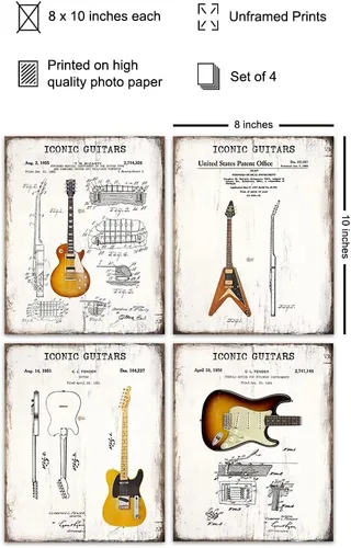 Vista 2 de Arte de pared de guitarra, icónico vintage, juego de póster con estampado de patente, regalo para fanáticos de la música, músico, guitarrista