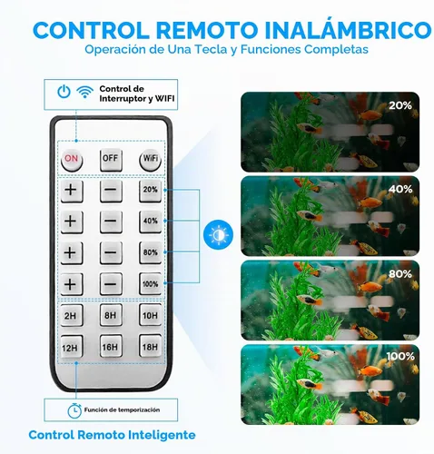 Vista 4 de Lominie Luz LED para acuario, regulador de intensidad con control remoto 0-100% de brillo, 80 W, para tanque de peces plantado, lámpara de clip