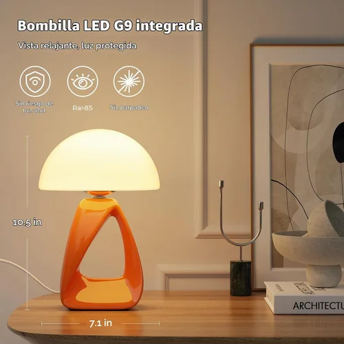Vista 5 de Lámpara de hongo, pequeña lámpara de mesa para dormitorio, lámpara de noche creativa geométrica con base de cerámica, lámpara de mesa auxiliar