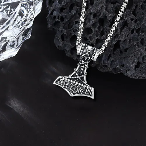 Vista 3 de Viking Jewelry Thor Hammer Mjolnir Collar para hombres y mujeres, lobo nórdico, Odín, hacha vikinga, amuleto de hacha vikinga, talismán, regalos