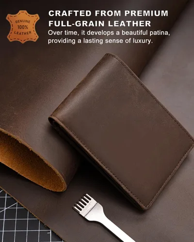 Vista 33 de Billetera AirTag para hombre, de piel auténtica plegable con bloqueo Rfid AirTag con ranuras para efectivo y ventana de identificación, compatible