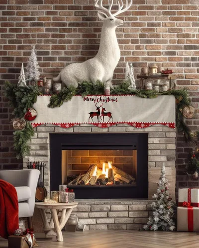 Vista 2 de Bufanda de manto de 60 x 17 pulgadas, diseño de cuadros rojos de búfalo a cuadros, alce de Navidad, chimenea, cubierta de mantel para Navidad