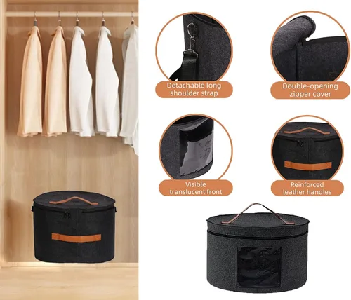 Vista 3 de Caja de almacenamiento de sombreros de fieltro, organizador portátil plegable para sombreros, con correa para el hombro y 2 asas, juguetes