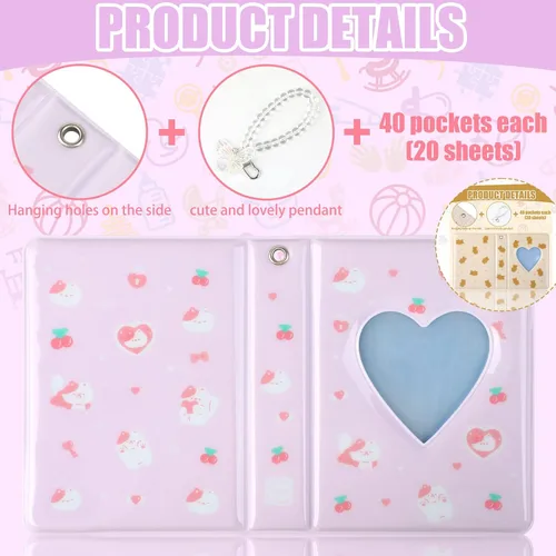 Vista 4 de CCINEE Juego de 2 portatarjetas Kpop para tarjetas fotográficas, mini álbum de fotos Kpop con colgante de cristal y lindas calcomanías, corazón