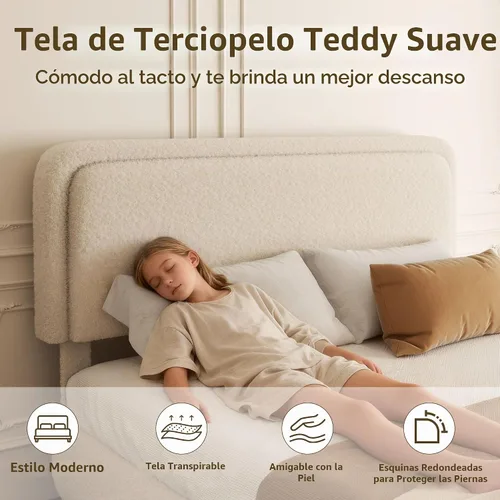 Vista 4 de Base de cama tamaño Queen, marco de cama de terciopelo Teddy Boucle con cabecera tapizada ajustable de 43.3"/45.3", esquinas redondeadas, base