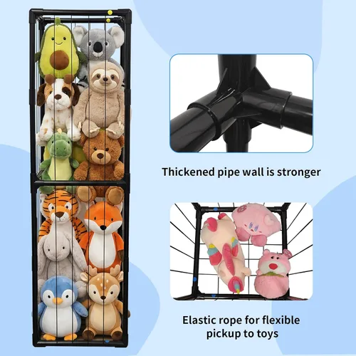 Vista 7 de Almacenamiento de animales de peluche, organizador de almacenamiento con banda elástica, tubo de PVC grueso, soporte grande para animales de peluche