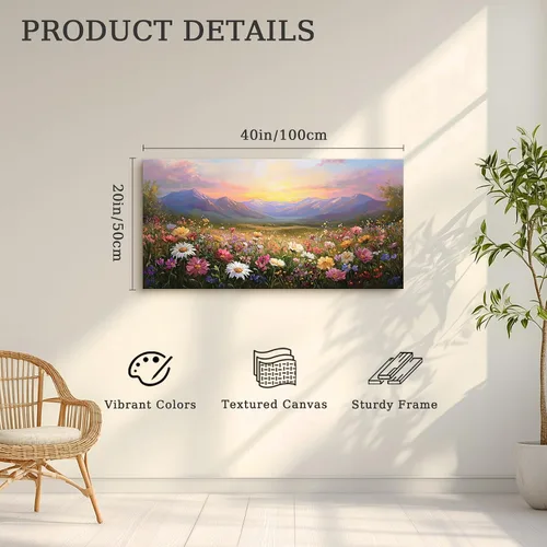 Vista 6 de crmotu Arte de pared de paisaje grande, arte de pared de flores, decoración de pared floral, arte de campo de margaritas para paredes, pinturas