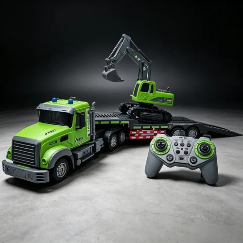 Vista 7 de 1:12 RC Semi camión con excavadora para adulto, cubo de metal, un control Verde