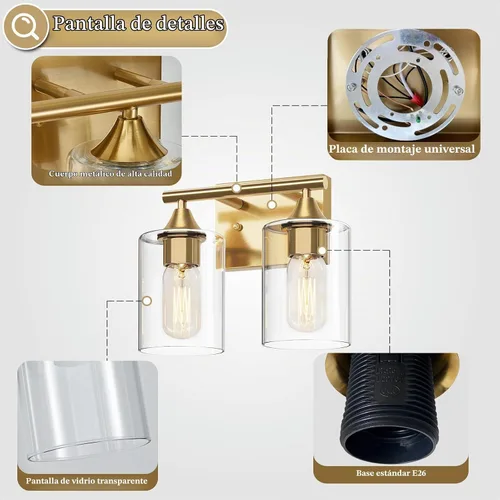 Vista 5 de Luces de Tocador Doradas para Baño, Accesorios de Iluminación de Baño de 2 Luces, Aplique de Pared de Latón Cepillado Dorado, Lámpara de Pared