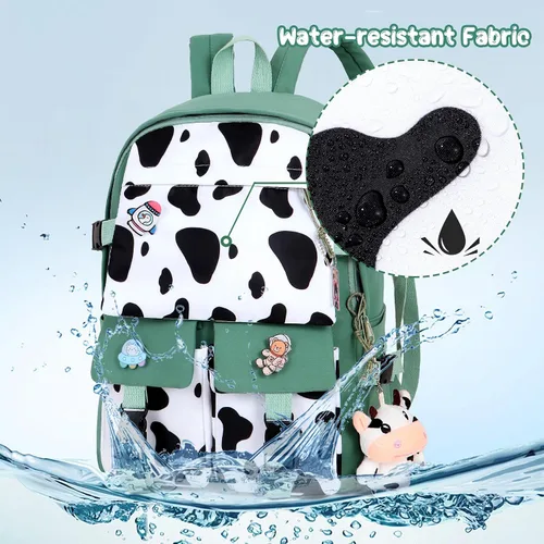 Vista 5 de Unineovo Mochila Kawaii con estampado de vaca y accesorios de alfiler, colgante de felpa, mochila escolar kawaii linda mochila estética, Rosado, Moda